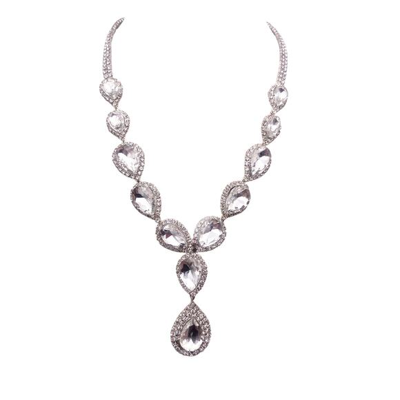 Vintage White Rhinestones Tear Drop Necklace - Picture 1 of 6